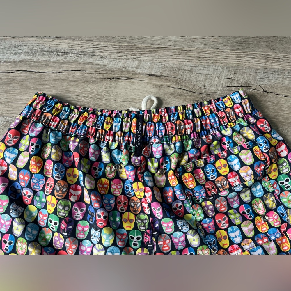LUCHIANO VISCONTI Swim Trunks Sz Med Black with Multicolor Wrestler Masks - Picture 4 of 8